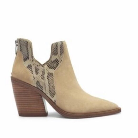 VINCE CAMUTO GANNILLA SUEDE AND SNAKE PRINT LEATHER WESTERN BOOTIES TORTILLA - Picture 1 of 9
